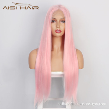 Aisi Hair 26 Inch Long Silky Straight Pink Wig Natural Straight Swiss Lace Wig Middle Part Lace Frontal Wigs For Black Women